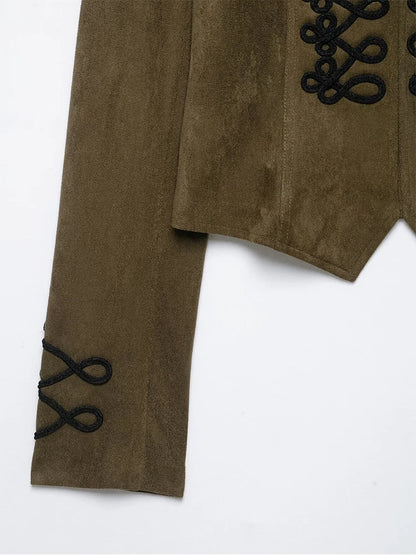 Faux Suede Stand Collar Handmade Knot Slimming Long Sleeve Short Jacket