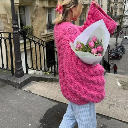 Oversize Knit Pullover Casual Lazy Round Neck Kink Solid Sweater
