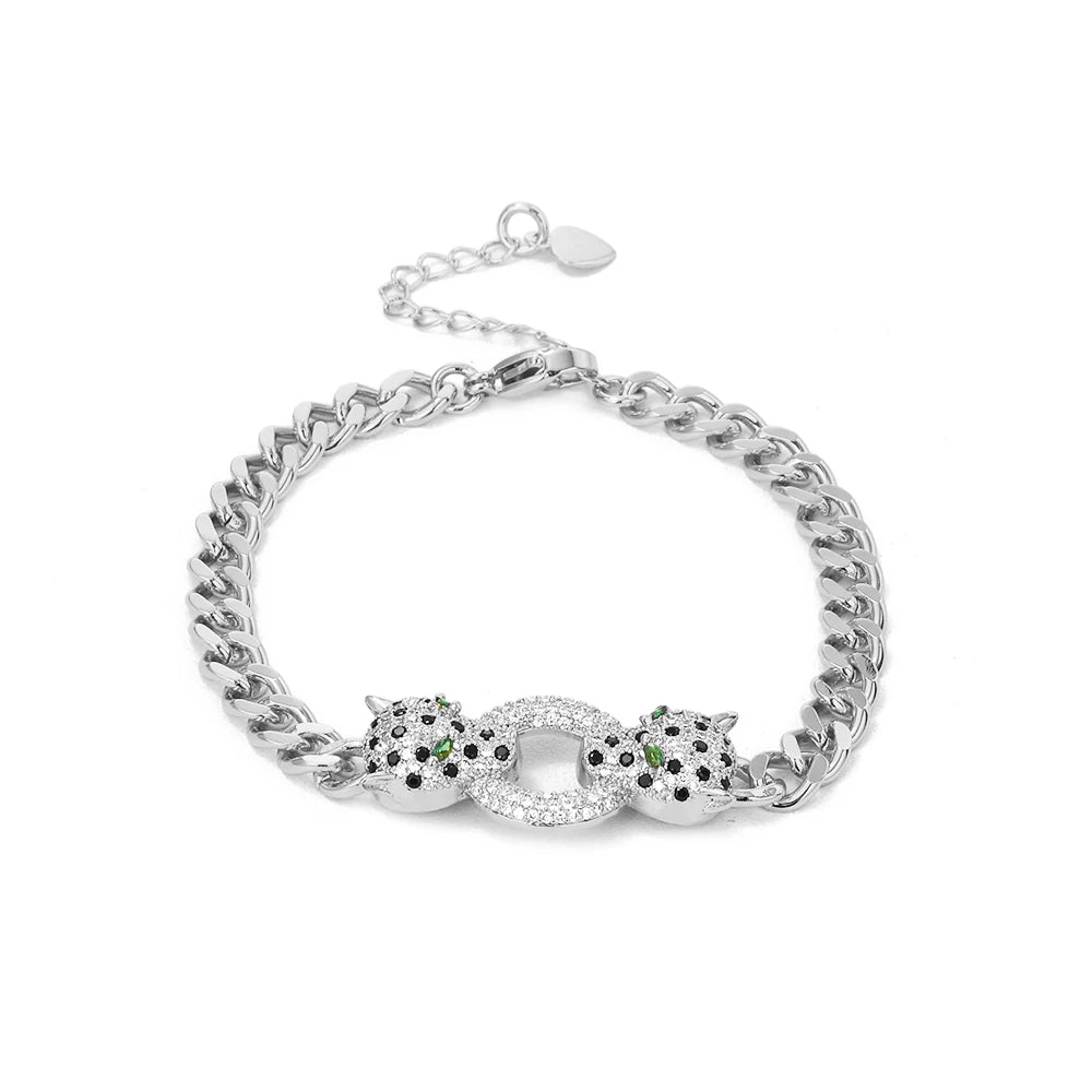 Classic Leopard Green Eye Hip Hop Cuban Chain Black Cubic Zirconia Bracelet