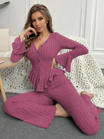 Sexy V Neck Long Sleeve Pyjamas Set
