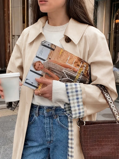 Plaid Lining Solid Trench Coat Single Breasted Long Sleeve Jacket