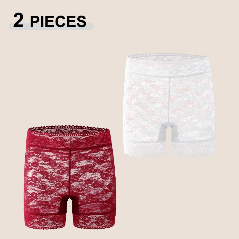 2Pcs/Set Lace Sexy Floral High Waist Transparent Boxers Short