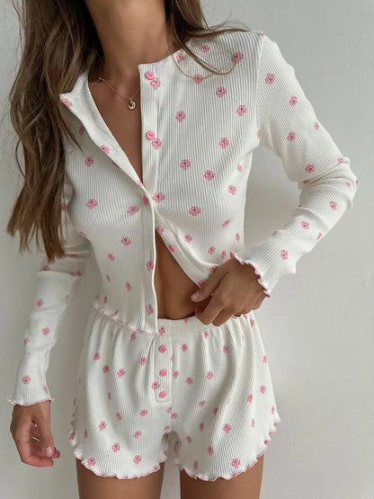 Ribbed Knitted Floral Print Long Sleeve Casual Loungewear Pajama Sets