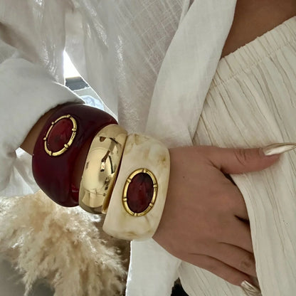 Vintage Irregular Resin Wide Bangle Inlaid Imitation Redstone Bracelets