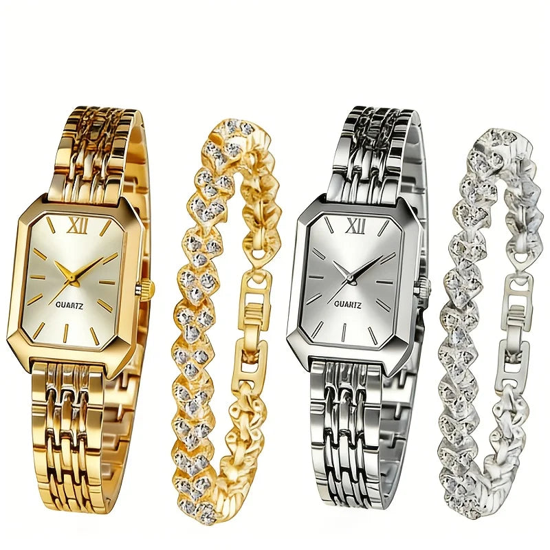 4PCS/Set Elegant Rectangle Quartz Wristwatch Heart Bracelets Set