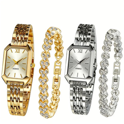 4PCS/Set Elegant Rectangle Quartz Wristwatch Heart Bracelets Set