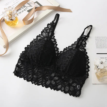 Floral Lace V Neck Bralette Adjustable Thin Straps Wireless Lace Bra