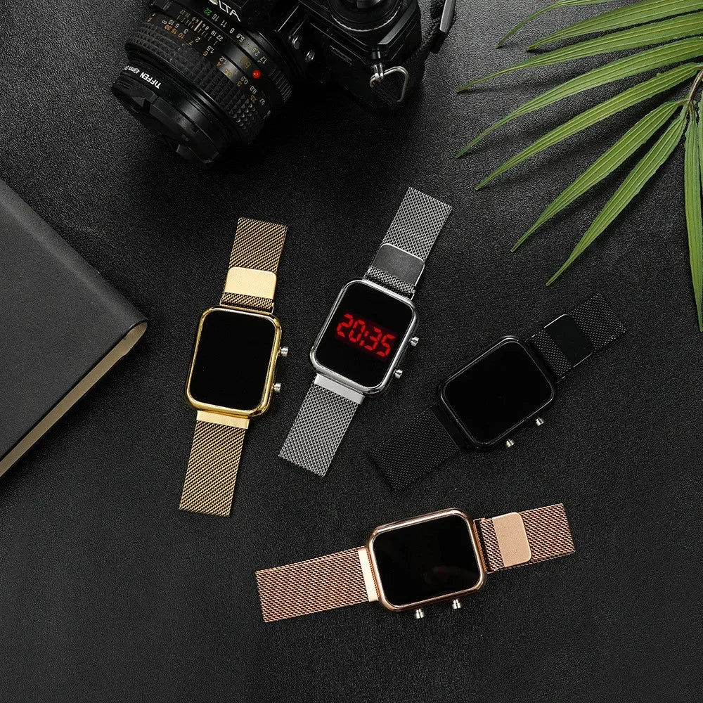 Rectangle LED Digital Luxury Rose Gold Magnetic Mesh Electronic Wristwatches