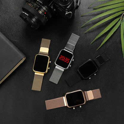 Rectangle LED Digital Luxury Rose Gold Magnetic Mesh Electronic Wristwatches