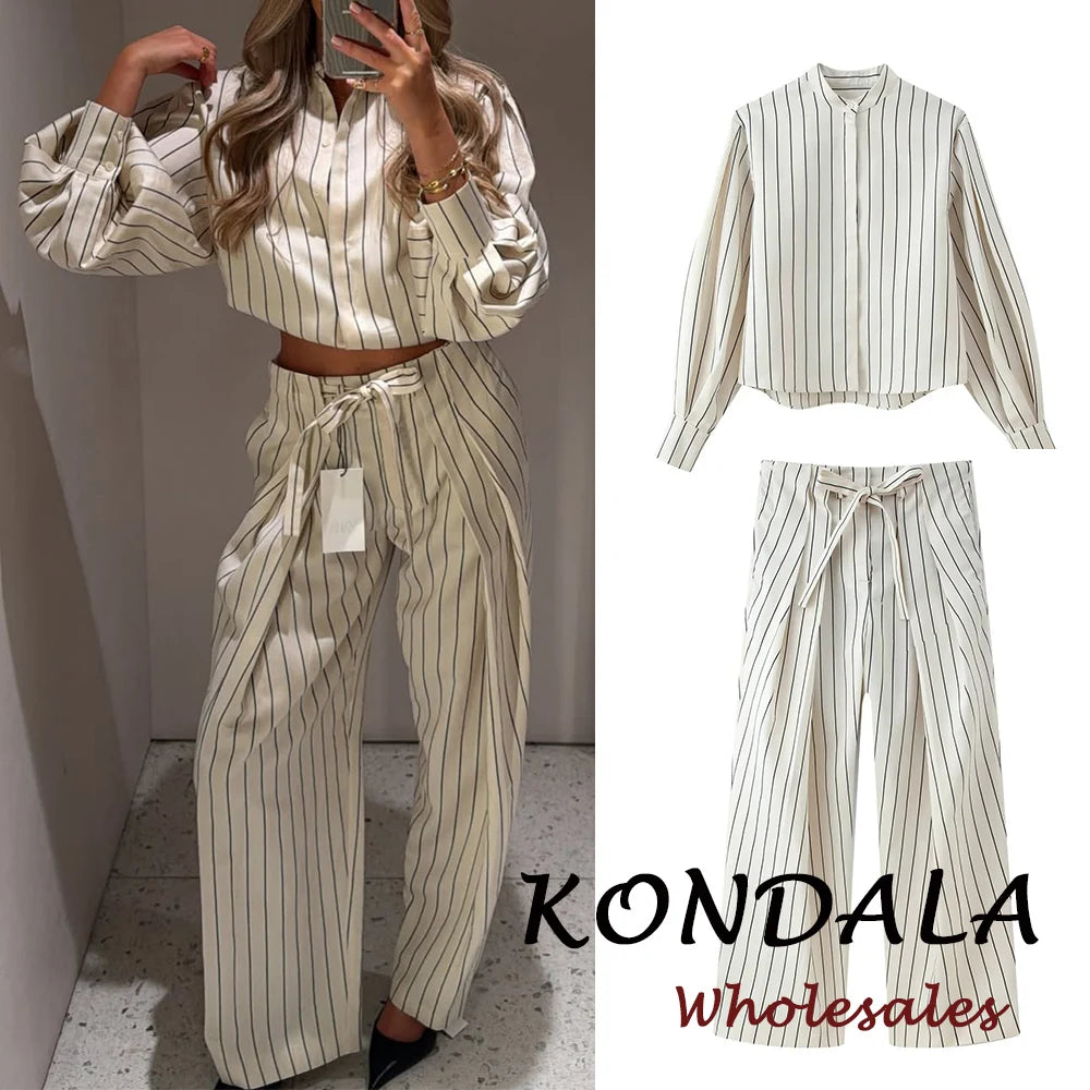 Chic Striped Suit Single Breasted Loose Wide Leg Long Pants
