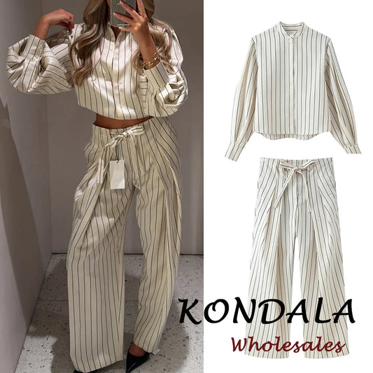 Chic Striped Suit Single Breasted Loose Wide Leg Long Pants