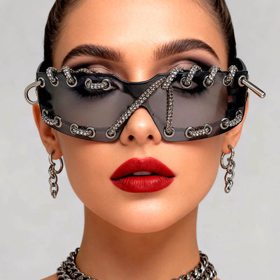 Punk Y2k Frameless Crystal Chain One-piece Bling Sunglasses