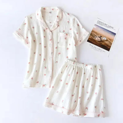 Short-sleeved 100% Cotton Crepe Cloth Thin Loose Pajama Sets
