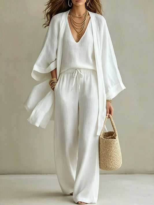 White V Neck Tank Top Wide Leg Pants Kimono Cardigan 3 Piece Set