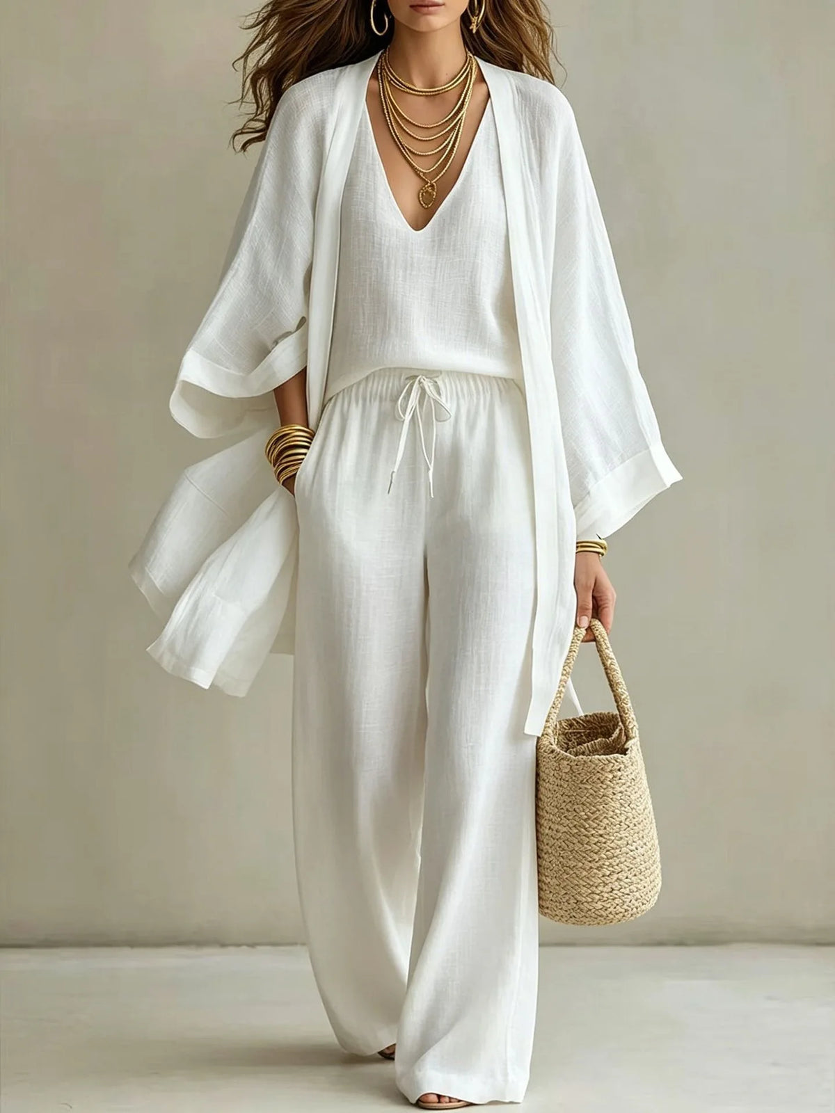 V Neck Tank Top Wide Leg Pants Kimono Cardigan 3 Piece Set