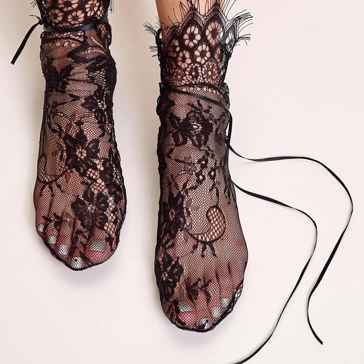 Black Hollow Transparent Lace Stockings Pure Cotton Japanese Fleece Socks