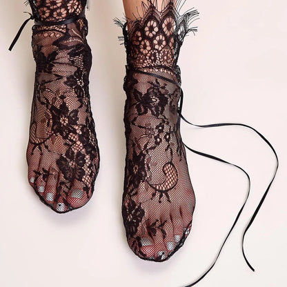 Black Hollow Transparent Lace Stockings Pure Cotton Japanese Fleece Socks