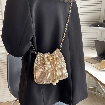 Sparkling Rhinestone Embellished Drawstring Crossbody Bag
