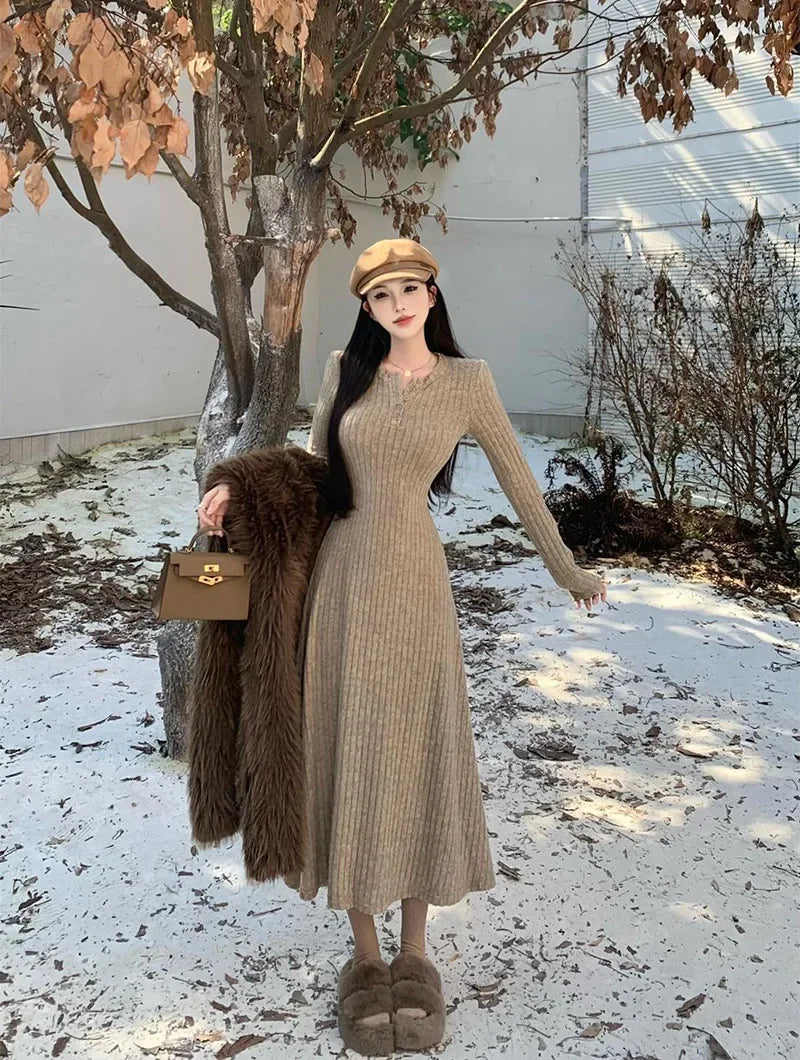 Elegant Slim High Waist Knit Long Sleeve Thick Warm Long Dress