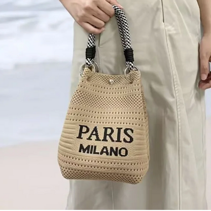 Letter Print Hollow Knit Bucket Lightweight Woven Handbag Small Tote Bag
