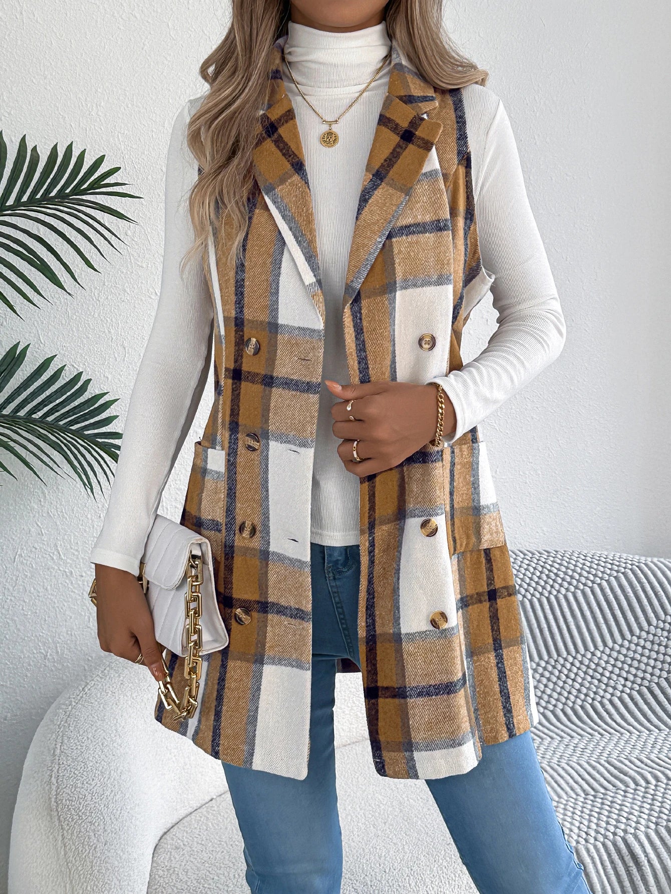 Lapel Double Breasted Plaid Vest Sleeveless Blazer