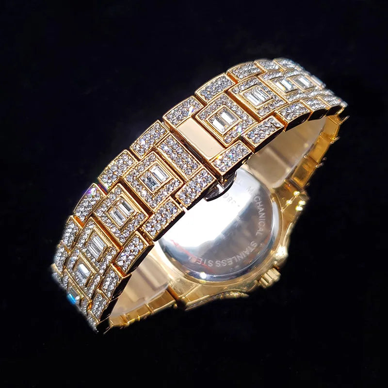 Luxury Diamond Bling Iced Hip Hop Golden Stainless Steel Quartz Watch