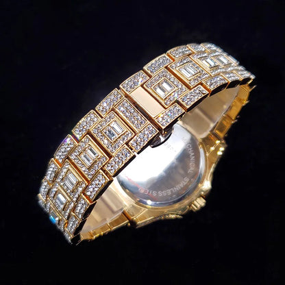 Luxury Diamond Bling Iced Hip Hop Golden Stainless Steel Quartz Watch