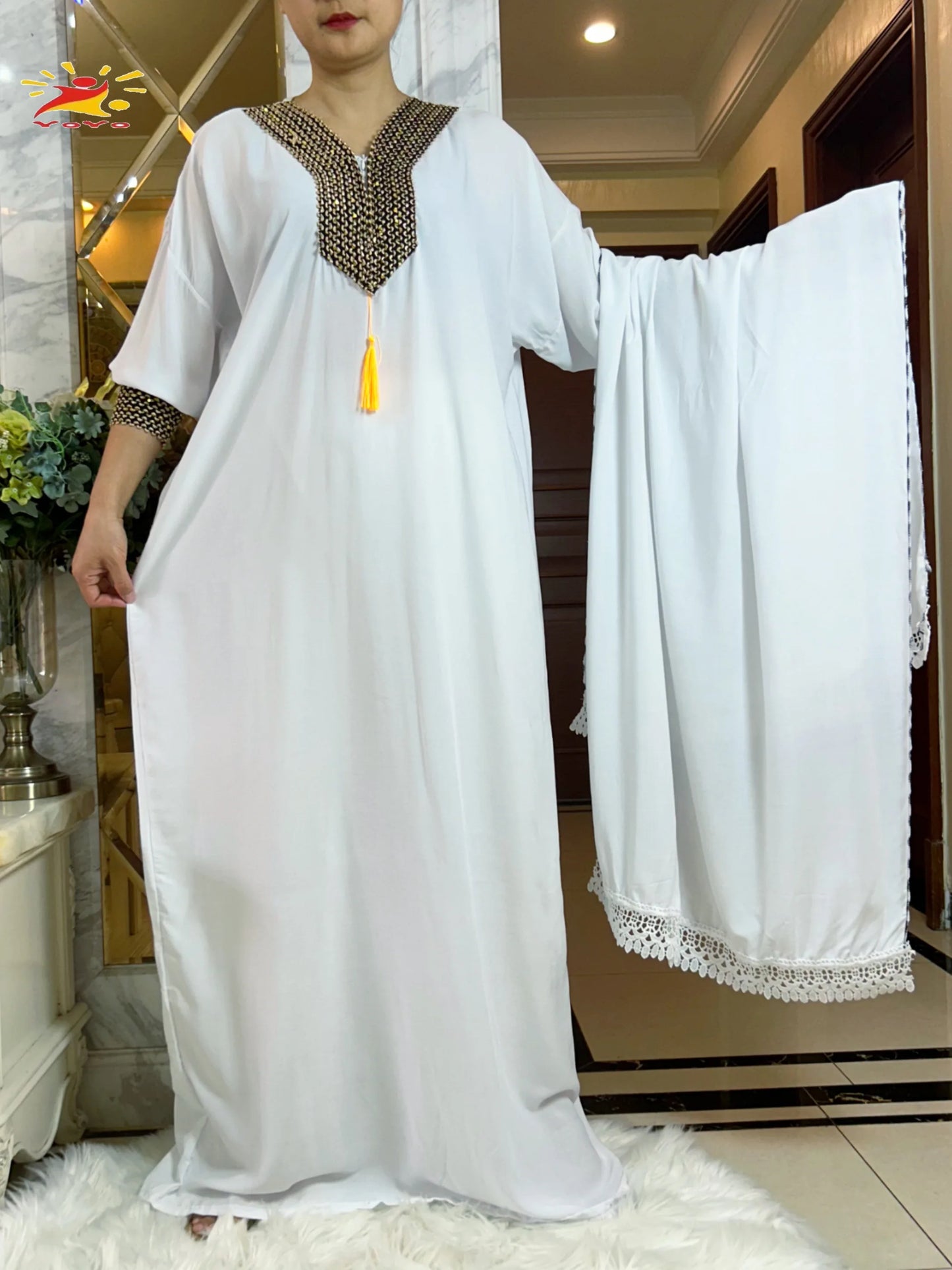 Muslim Long Sleeve Cotton With Big Scarf African Abaya