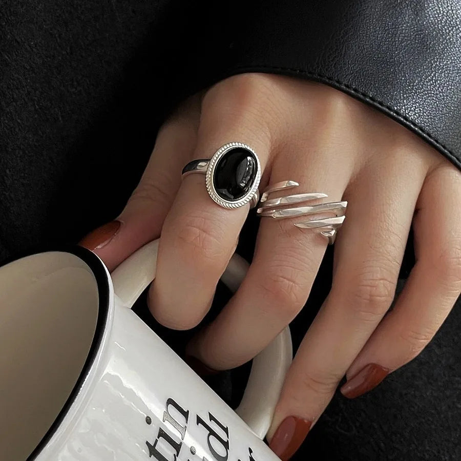 925 Sterling Silver Geometric Black Stone Rings