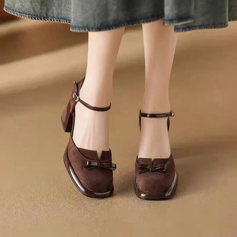 High-end strap high-heeled bow-shaped square-toe chunky heel sandals