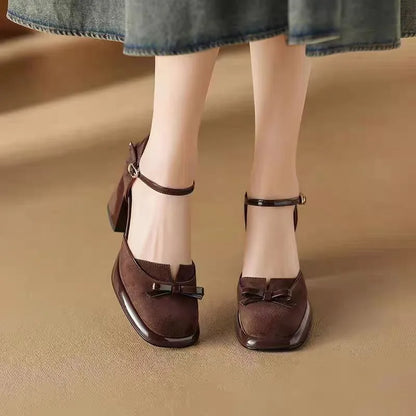 High-end strap high-heeled bow-shaped square-toe chunky heel sandals