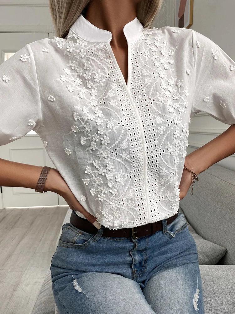 Floral Lace V Neck Casual Chic Short Sleeve Blouse