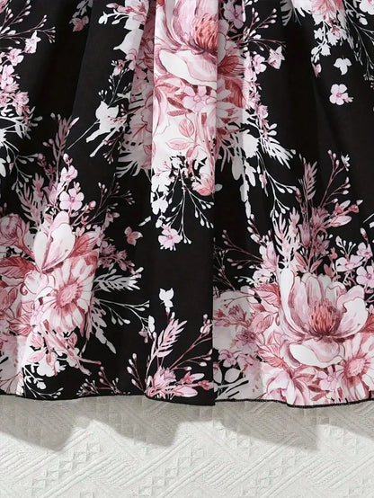 Round Neck Long Sleeve Waist Cinched Floral Print mid Dress
