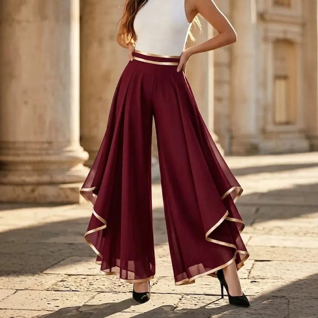 Spliced Rolled Hem Layered Chiffon Wide-Leg Pants