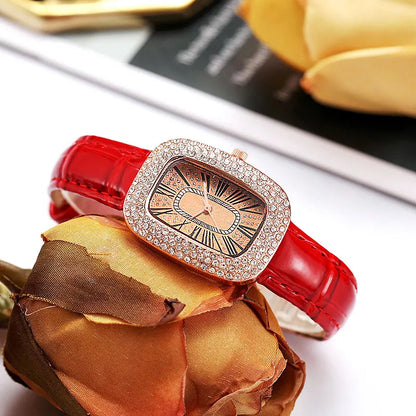 Leather strap with diamond inlay water diamond wine barrel quartz watch