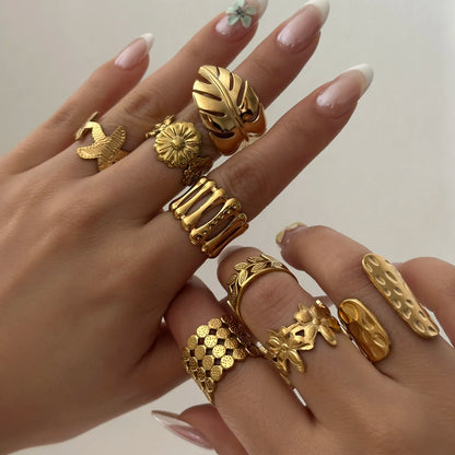 PVD Plated Stainless Steel Open Vintage Sun Leaf Shell Geometric Cuff Ring Set