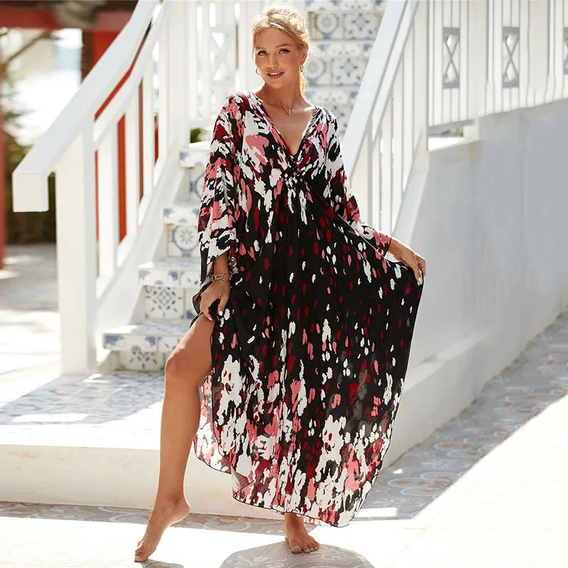 Plus Size Animal Print V-Neck Batwing Kaftan Beach Dress
