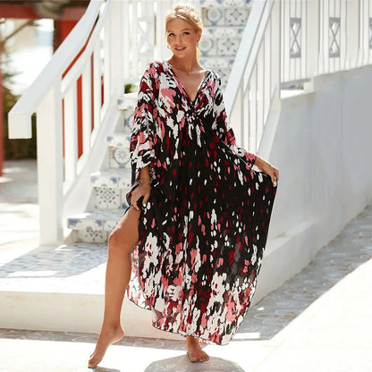 Plus Size Animal Print V-Neck Batwing Kaftan Beach Dress