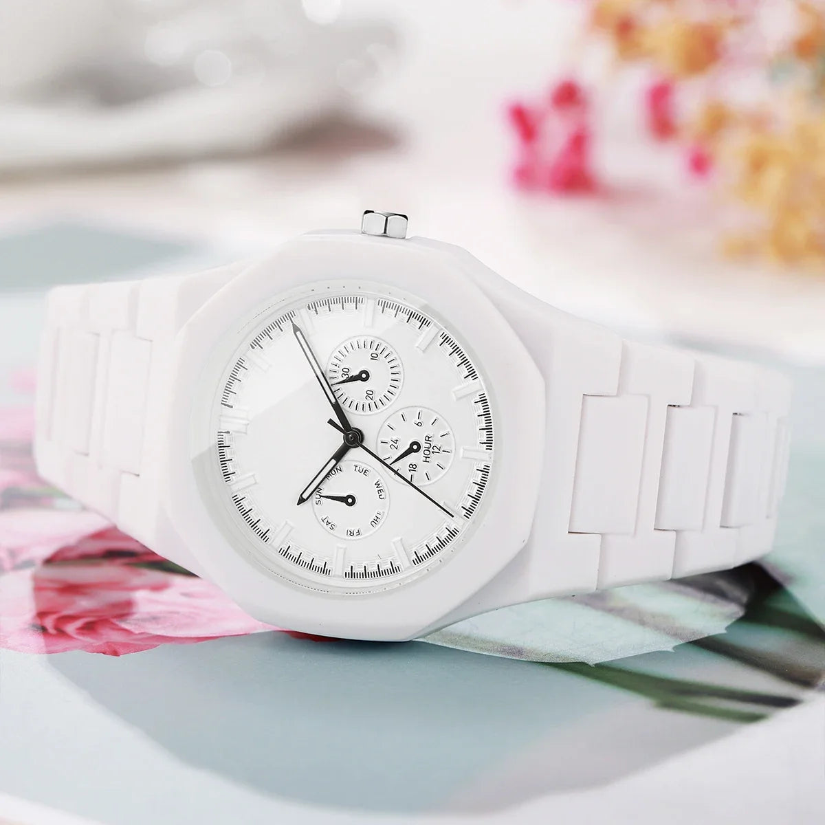 Imitation Three-eyes Dial Quartz Plastic  Band Watch