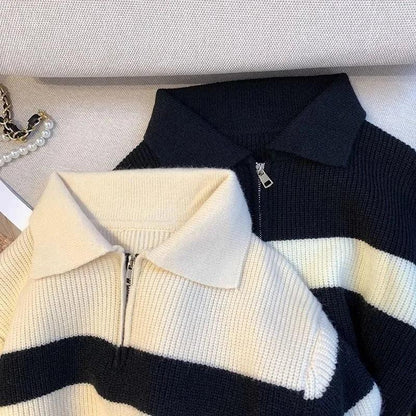 Loose Polo Neck Striped Korean Style Sweater