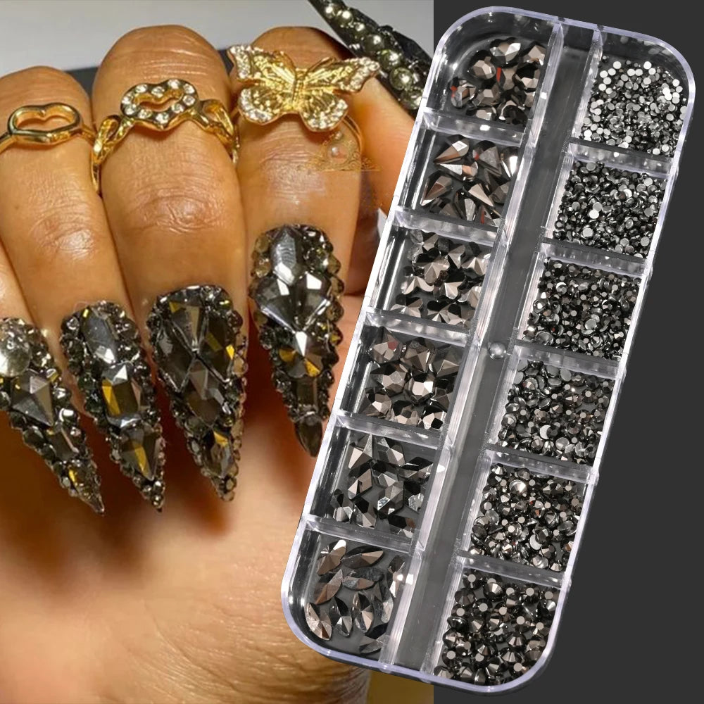 12Gird 3D Glass AB Crystal Nail Art Rhinestones Kit