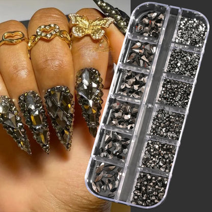 12Gird 3D Glass AB Crystal Nail Art Rhinestones Kit