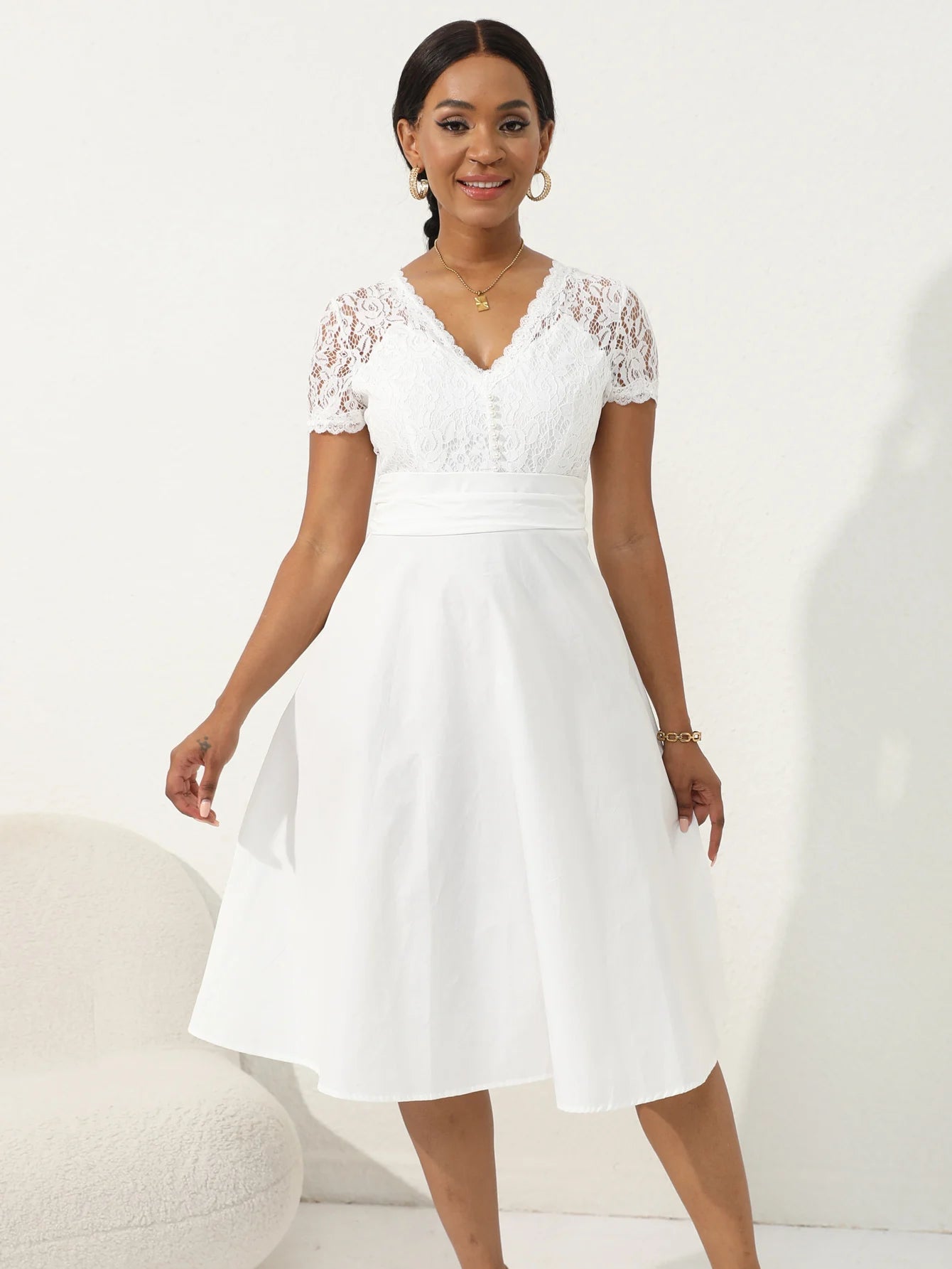 Vintage Floral Lace V Neck Short Sleeve Cocktail Midi Dress