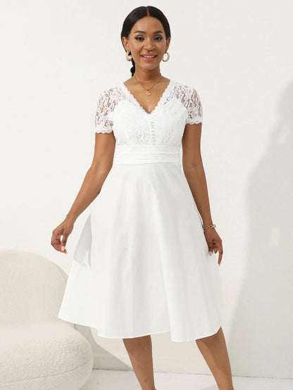 Vintage Floral Lace V Neck Short Sleeve Cocktail Midi Dress
