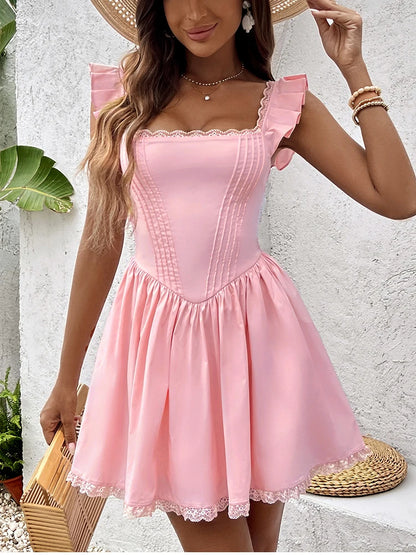 Sexy Square-neck Mini Y2K Elegant Ruffles Sleeveless Slim Dress