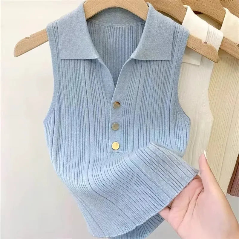 Slim Versatile Camisole Polo Lapel Vest Ice Silk Knit Sleeveless