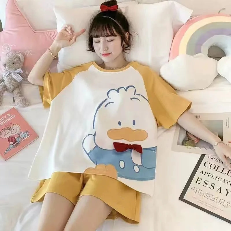 Short-Sleeved Loose Large Size Princess Style Strawberry Dinosaur Kawaii CutePajamas Sets