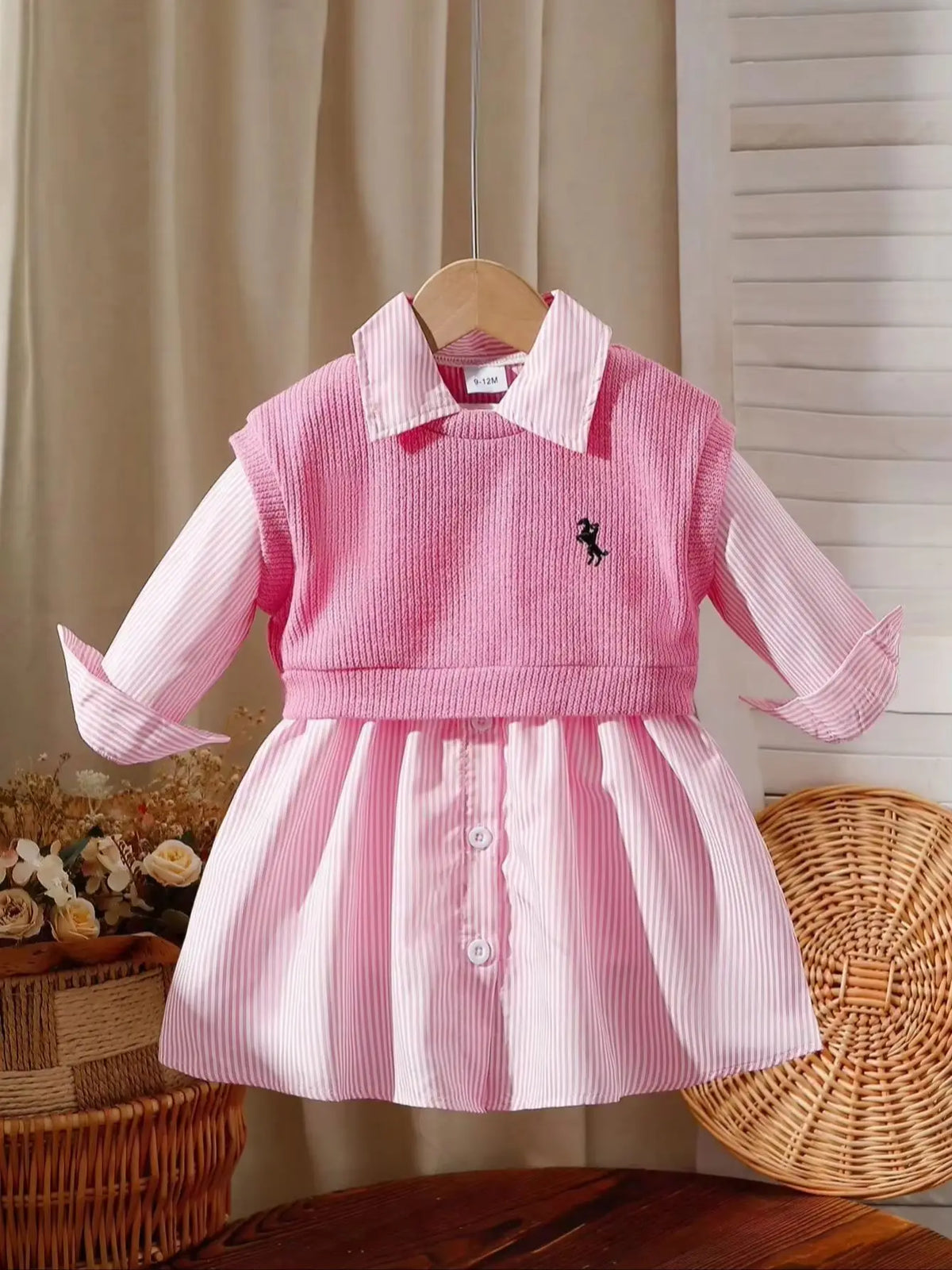 Baby girl embroidered vest and striped long-sleeved shirt dress