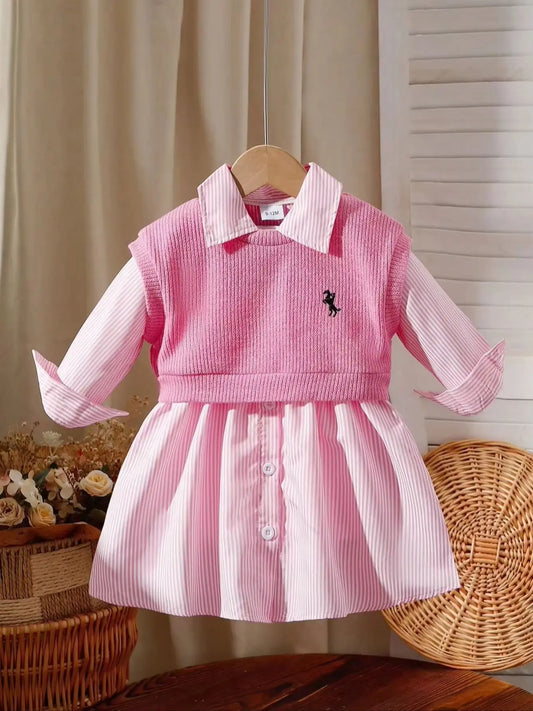 Baby girl embroidered vest and striped long-sleeved shirt dress