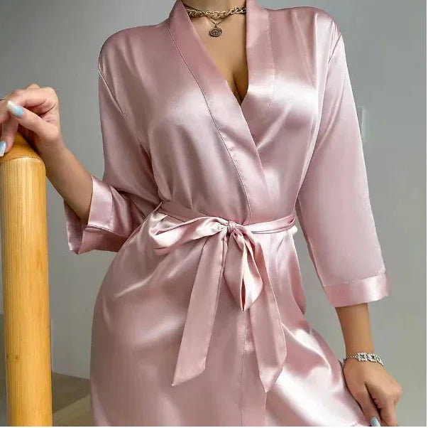 Lace-up bathrobe sexy ice silk robe